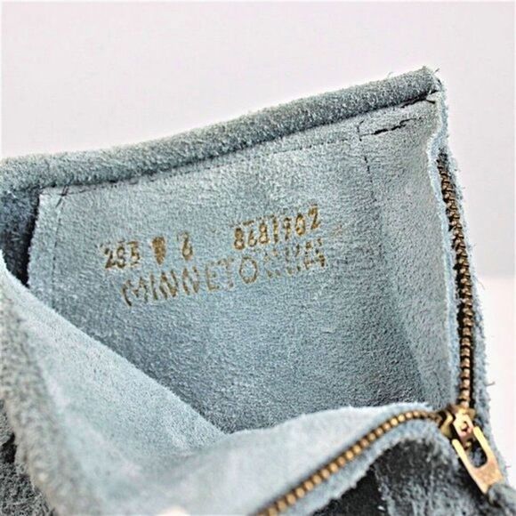 Leather Moccasin Bootie Fringe Ankle Zip Back Soft Rubber Sole Blue Gray Size 6 - Picture 9 of 10